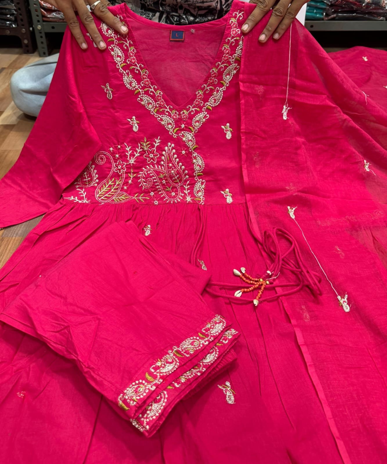 Cotton Angrakha Kurti Pant Set with Embroidered Dupatta